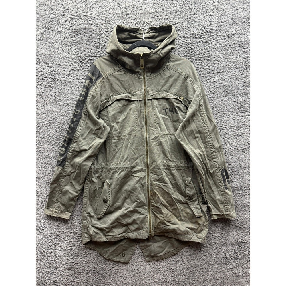 True Religion Denim Hooded Military Parka Jacket Olive Green Mens Size M